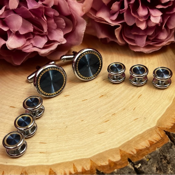 Elegant Royal Blue Gold Outlined Round Cufflinks Tuxedo Studs Formal 8 Pcs Set - Picture 7 of 16